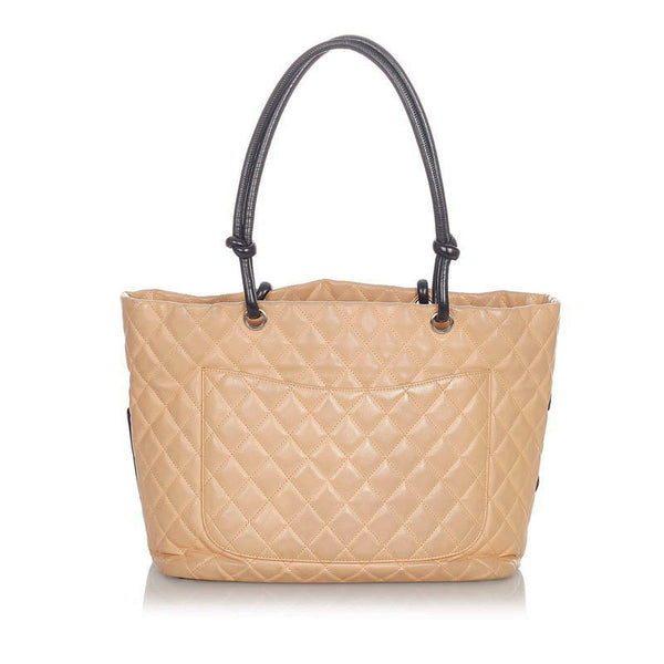 シャネル カンボン ベージュ ブラック レザー トートバッグ レディース CHANEL 【中古】