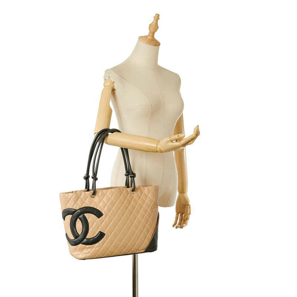 シャネル カンボン ベージュ ブラック レザー トートバッグ レディース CHANEL 【中古】