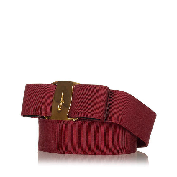 サルヴァトーレフェラガモ ヴァラリボン ボルドー ゴールド キャンバス レザー ベルト レディース Salvatore Ferragamo 【中古】