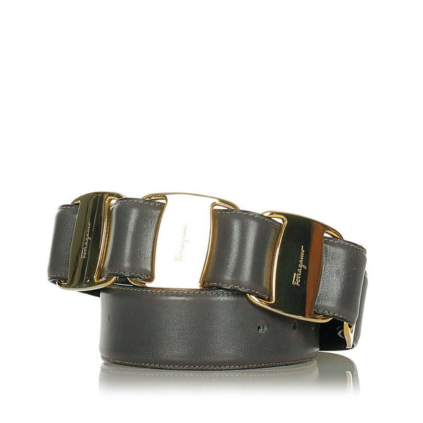 サルヴァトーレフェラガモ ダークグレー ゴールド レザー ベルト レディース Salvatore Ferragamo 【中古】