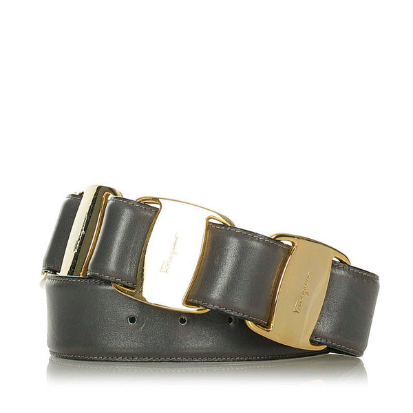 サルヴァトーレフェラガモ ダークグレー ゴールド レザー ベルト レディース Salvatore Ferragamo 【中古】