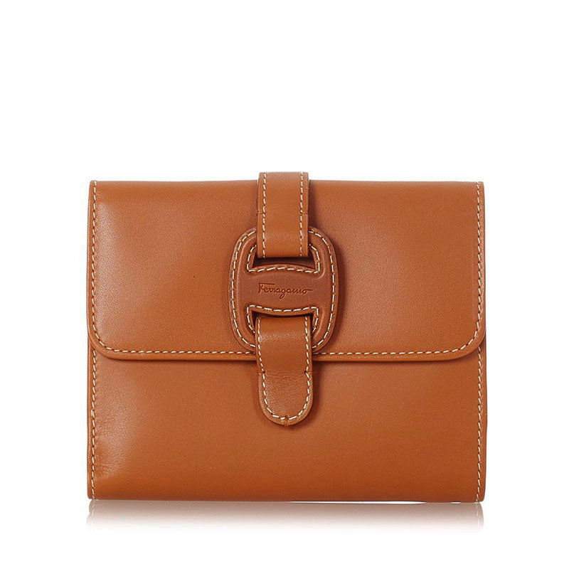 サルヴァトーレフェラガモ ヴァラ キャメル レザー 二つ折り財布 レディース Salvatore Ferragamo 【中古】