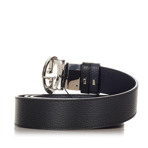 グッチ GG 449715 ブラック シルバー レザー ベルト メンズ GUCCI 【中古】