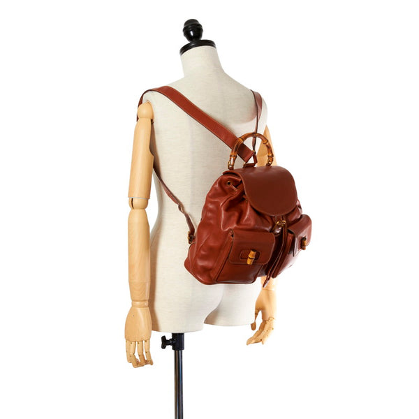 グッチ バンブー 0032058 ブラウン レザー リュック バックパック レディース GUCCI 【中古】