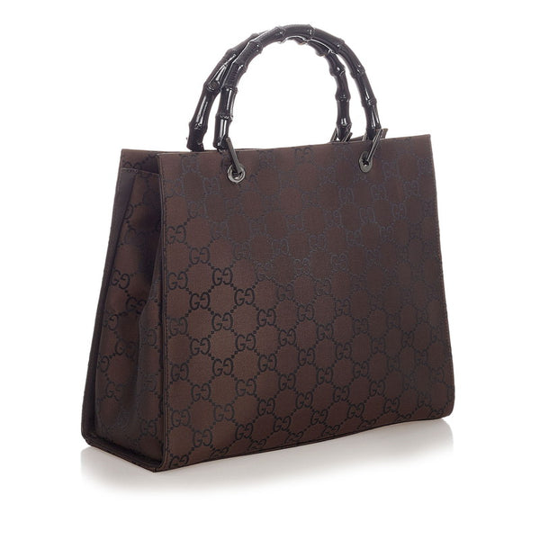 グッチ バンブー GG ブラウン ブラック ナイロン レザー ハンドバッグ レディース GUCCI 【中古】