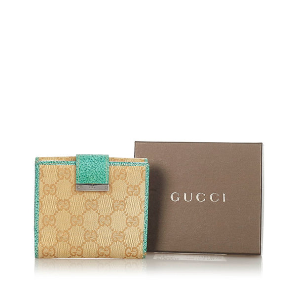 グッチ GGキャンバス 二つ折り財布 115090 ベージュ グリーン キャンバス レザー レディース GUCCI 【中古】
