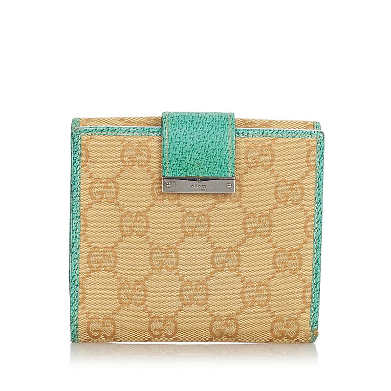グッチ GGキャンバス 二つ折り財布 115090 ベージュ グリーン キャンバス レザー レディース GUCCI 【中古】
