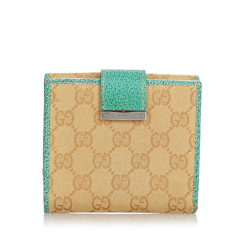 グッチ GGキャンバス 二つ折り財布 115090 ベージュ グリーン キャンバス レザー レディース GUCCI 【中古】