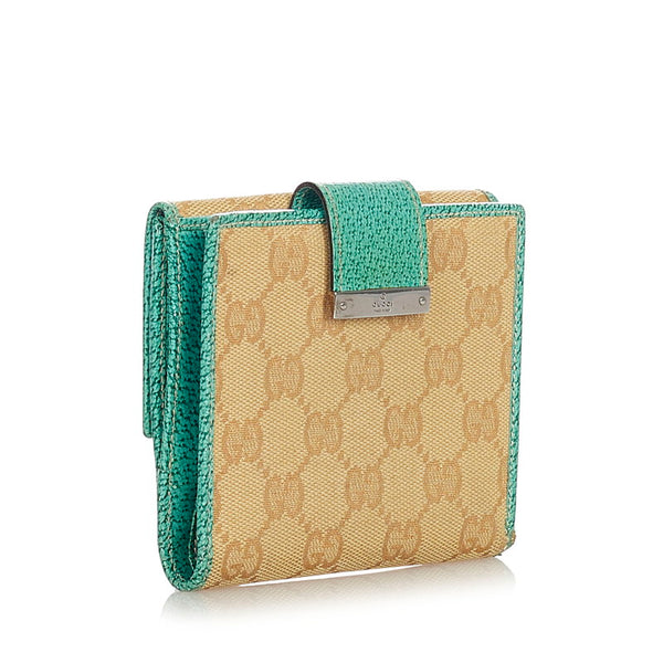 グッチ GGキャンバス 二つ折り財布 115090 ベージュ グリーン キャンバス レザー レディース GUCCI 【中古】