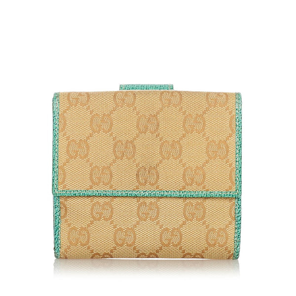 グッチ GGキャンバス 二つ折り財布 115090 ベージュ グリーン キャンバス レザー レディース GUCCI 【中古】