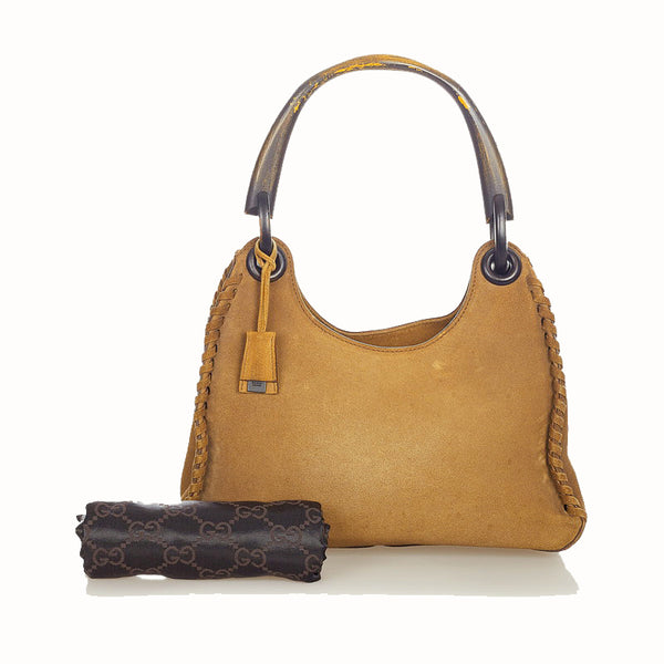 グッチ ウッド 106237 ベージュ ダークブラウン スウェード ワンショルダー レディース GUCCI 【中古】