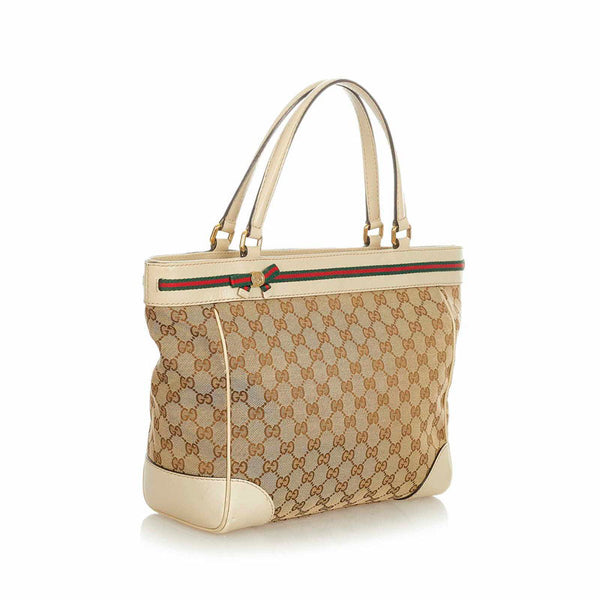 グッチ GGキャンバス  シェリーライン 257061 ベージュ  キャンバス レザー トートバッグ レディース GUCCI 【中古】