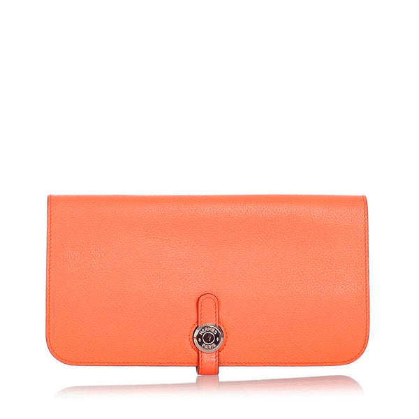 エルメス ドゴン ロング レクトヴェルソ フラミンゴ オレンジ ピンク トゴ 長財布 レディース HERMES □R刻印 【中古】