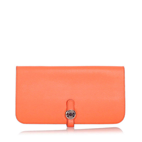 エルメス ドゴン ロング レクトヴェルソ フラミンゴ オレンジ ピンク トゴ 長財布 レディース HERMES □R刻印 【中古】