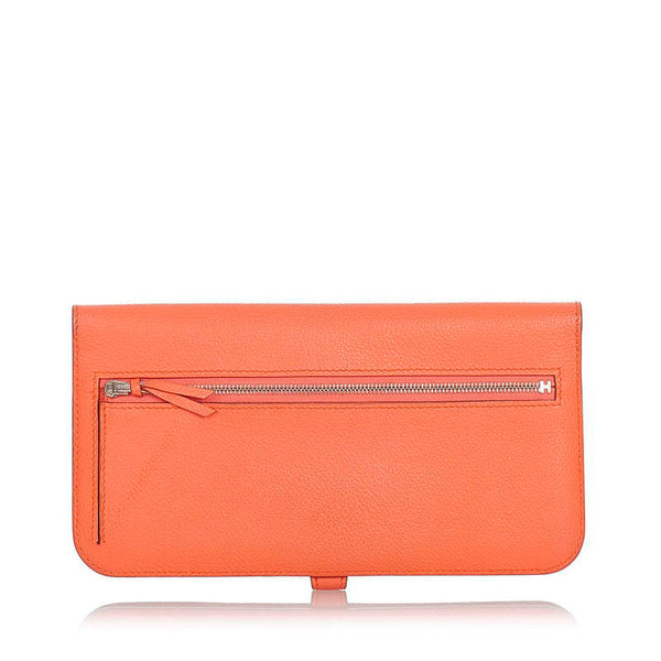 エルメス ドゴン ロング レクトヴェルソ フラミンゴ オレンジ ピンク トゴ 長財布 レディース HERMES □R刻印 【中古】