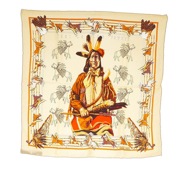 エルメス カレ45 PANI LA SHAR PAWNEE パウニー族の首長 ベージュ マルチ シルク スカーフ レディース HERMES 【中古】