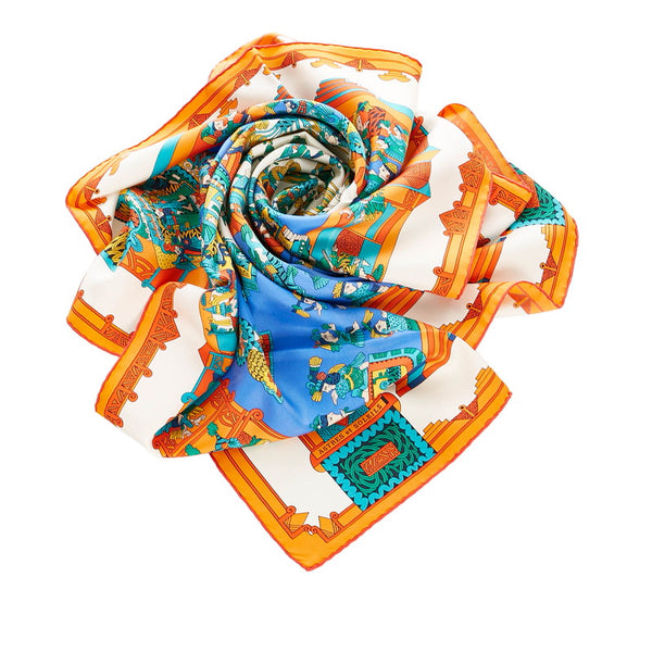 エルメス カレ90 ASTRESetSOLEILS 天体と太陽 アイボリー オレンジ グリーン シルク スカーフ レディース HERMES 【中古】
