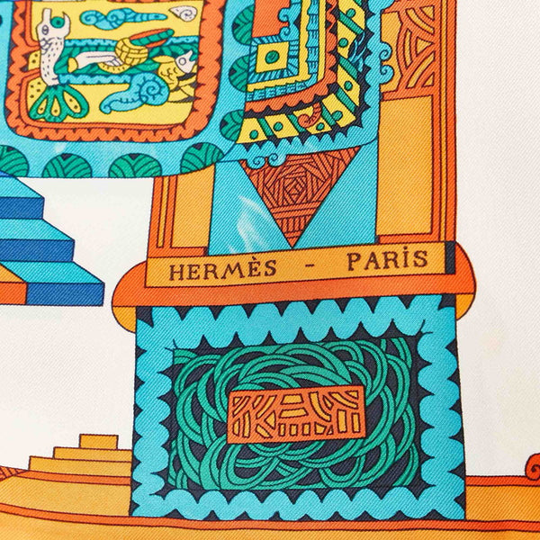 エルメス カレ90 ASTRESetSOLEILS 天体と太陽 アイボリー オレンジ グリーン シルク スカーフ レディース HERMES 【中古】