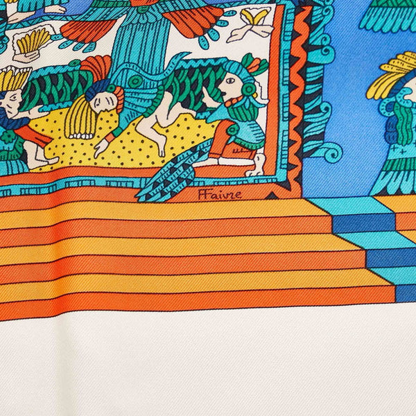 エルメス カレ90 ASTRESetSOLEILS 天体と太陽 アイボリー オレンジ グリーン シルク スカーフ レディース HERMES 【中古】
