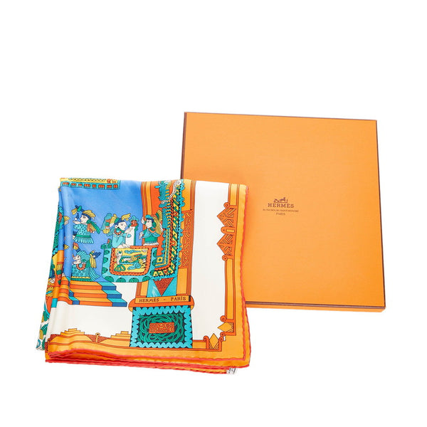 エルメス カレ90 ASTRESetSOLEILS 天体と太陽 アイボリー オレンジ グリーン シルク スカーフ レディース HERMES 【中古】
