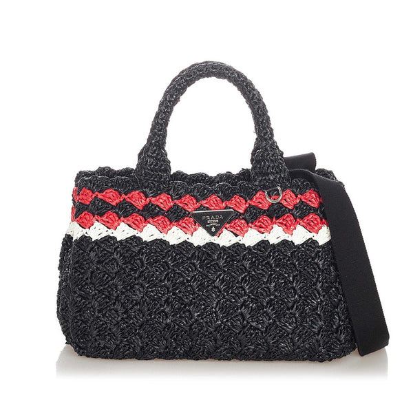 プラダ カナパ ブラック レッド ホワイト ラフィア ハンドバック ショルダーバッグ 2WAY レディース PRADA 【中古】