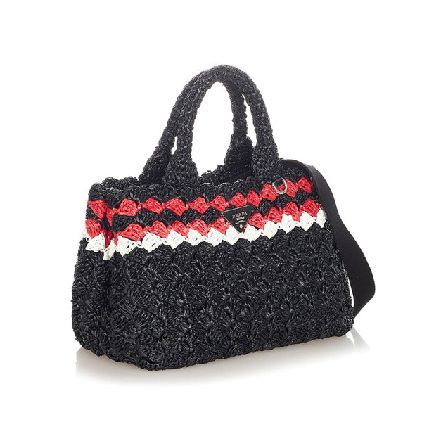 プラダ カナパ ブラック レッド ホワイト ラフィア ハンドバック ショルダーバッグ 2WAY レディース PRADA 【中古】