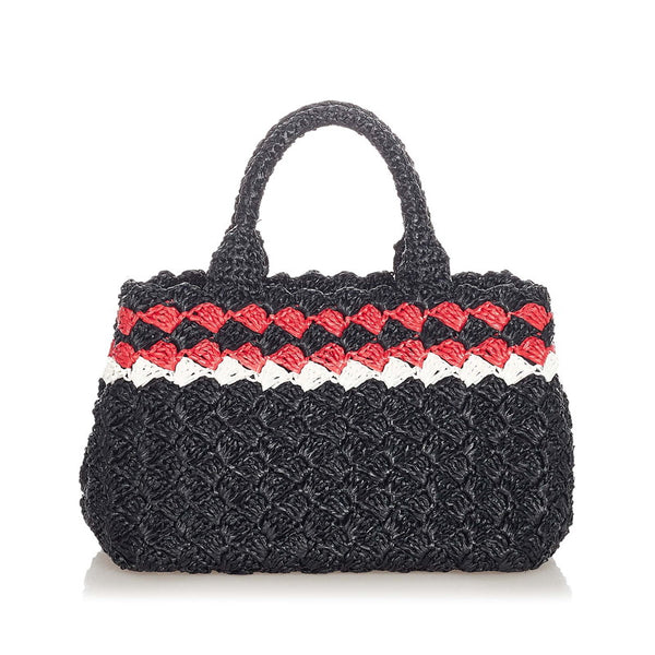 プラダ カナパ ブラック レッド ホワイト ラフィア ハンドバック ショルダーバッグ 2WAY レディース PRADA 【中古】
