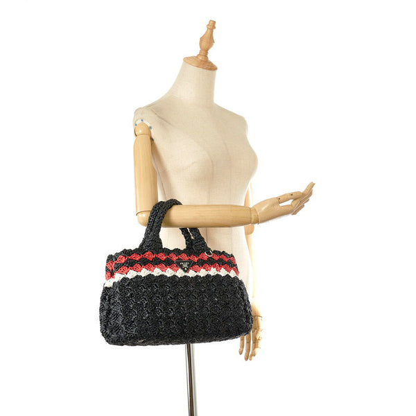 プラダ カナパ ブラック レッド ホワイト ラフィア ハンドバック ショルダーバッグ 2WAY レディース PRADA 【中古】