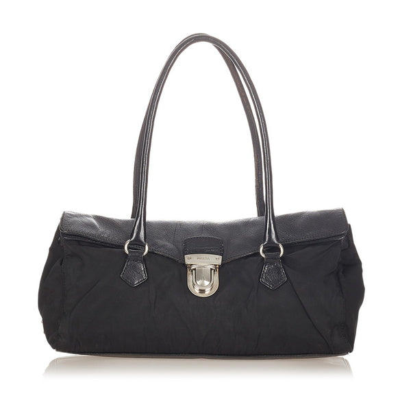プラダ ブラック ナイロン レザー ショルダーバッグ レディース PRADA 【中古】