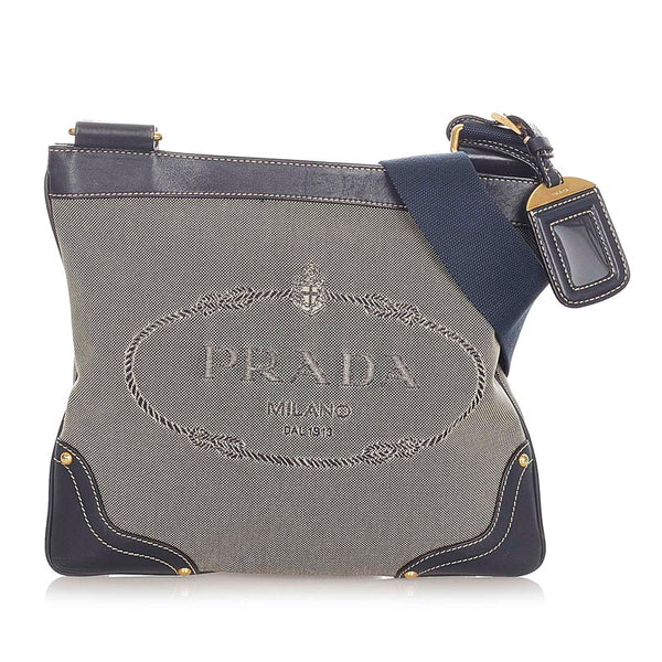 プラダ ロゴジャガード ネイビー キャンバス レザー 斜め掛け ショルダーバッグ レディース PRADA 【中古】
