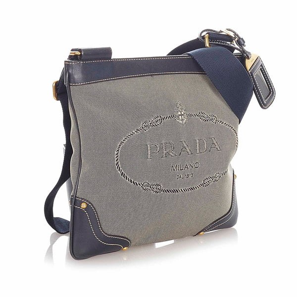 プラダ ロゴジャガード ネイビー キャンバス レザー 斜め掛け ショルダーバッグ レディース PRADA 【中古】