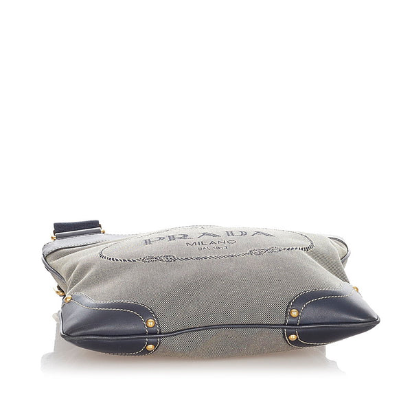 プラダ ロゴジャガード ネイビー キャンバス レザー 斜め掛け ショルダーバッグ レディース PRADA 【中古】