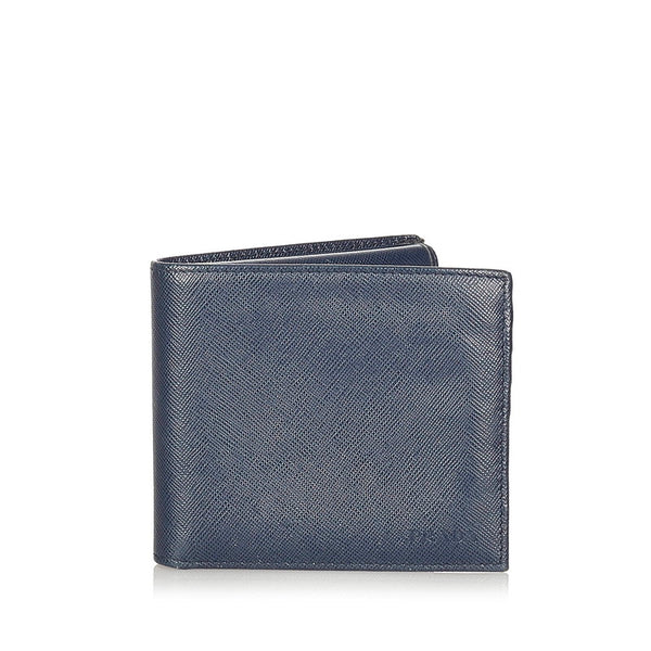 プラダ サフィアーノ ネイビー レザー 二つ折り財布 メンズ PRADA 【中古】
