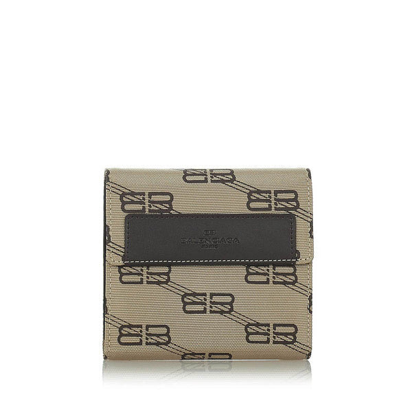 バレンシアガ ベージュ ブラウン キャンバス レザー 三つ折り財布 レディース BALENCIAGA 【中古】