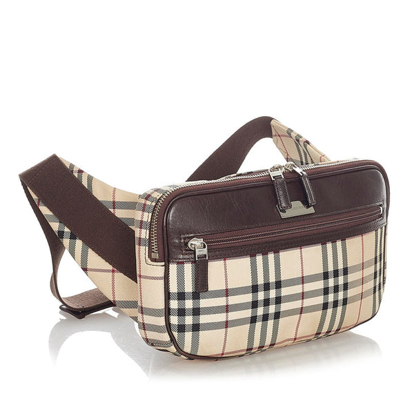 バーバリー ノバチェック ベージュ ブラウン キャンバス レザー ウエストバッグ メンズ BURBERRY 【中古】