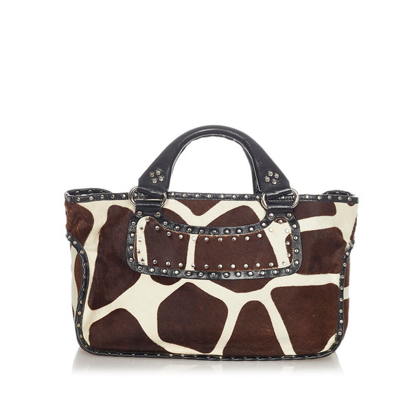 セリーヌ ブラウン アイボリー ハラコ レザー ハンドバッグ レディース CELINE 【中古】