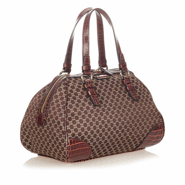 セリーヌ マカダム ブラウン キャンバス レザー ボストンバッグ レディース CELINE 【中古】