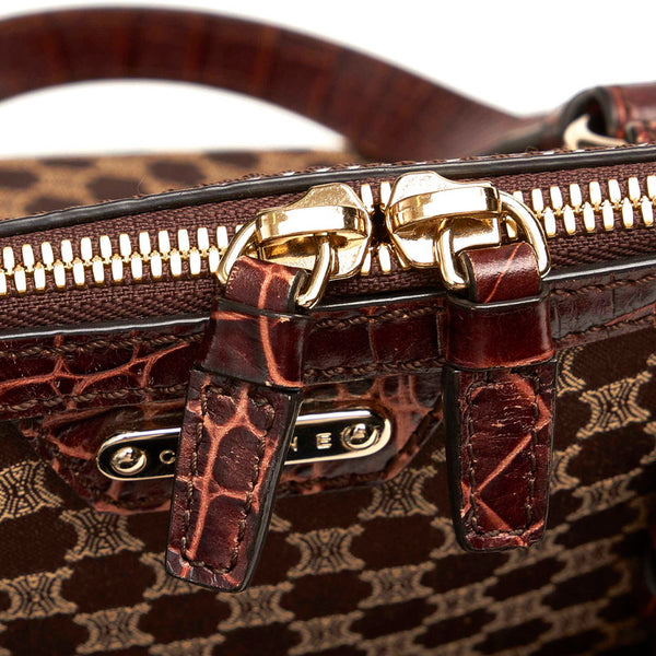 セリーヌ マカダム ブラウン キャンバス レザー ボストンバッグ レディース CELINE 【中古】