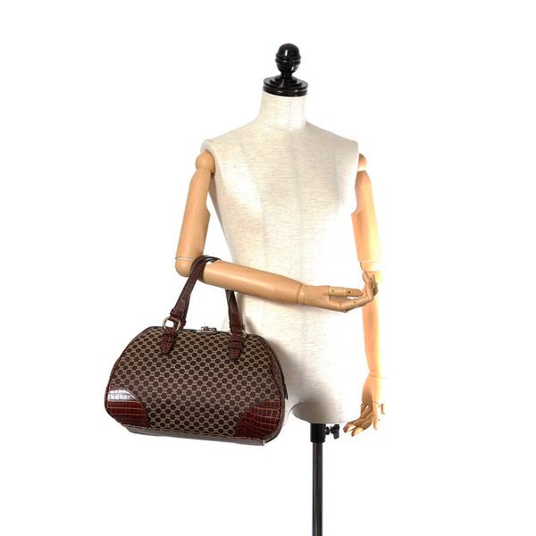 セリーヌ マカダム ブラウン キャンバス レザー ボストンバッグ レディース CELINE 【中古】