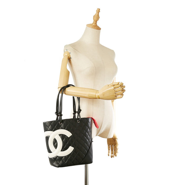 シャネル カンボン ブラック ホワイト レザー ハンドバッグ レディース CHANEL 【中古】