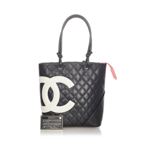 シャネル カンボン ブラック ホワイト レザー ハンドバッグ レディース CHANEL 【中古】