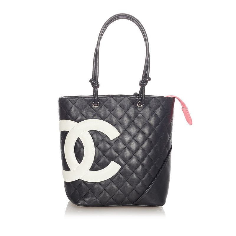 シャネル カンボン ブラック ホワイト レザー ハンドバッグ レディース CHANEL 【中古】