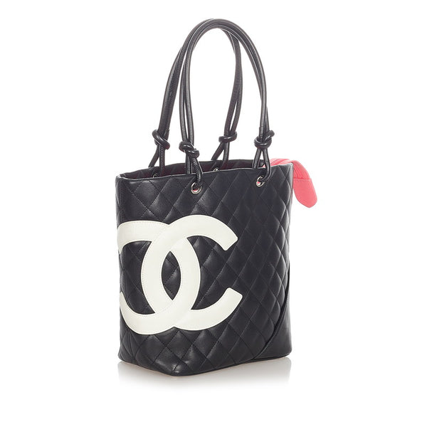 シャネル カンボン ブラック ホワイト レザー ハンドバッグ レディース CHANEL 【中古】