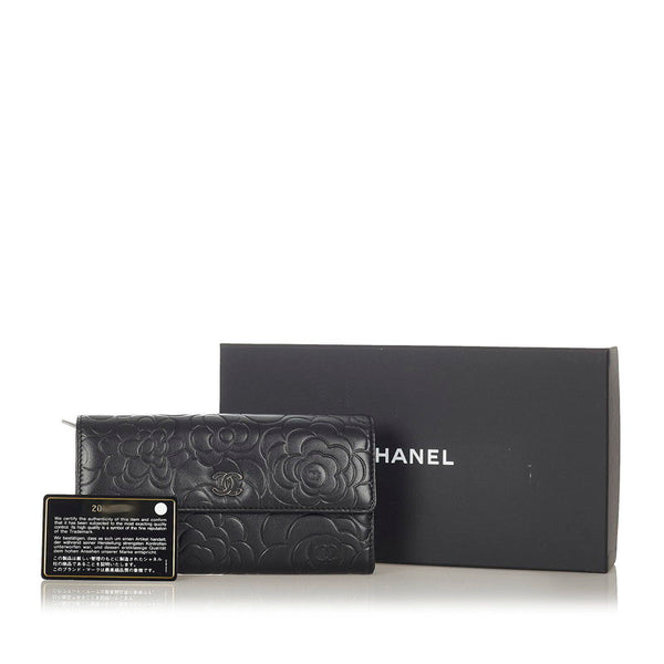 シャネル カメリア ブラック レザー 長財布 レディース CHANEL 【中古】