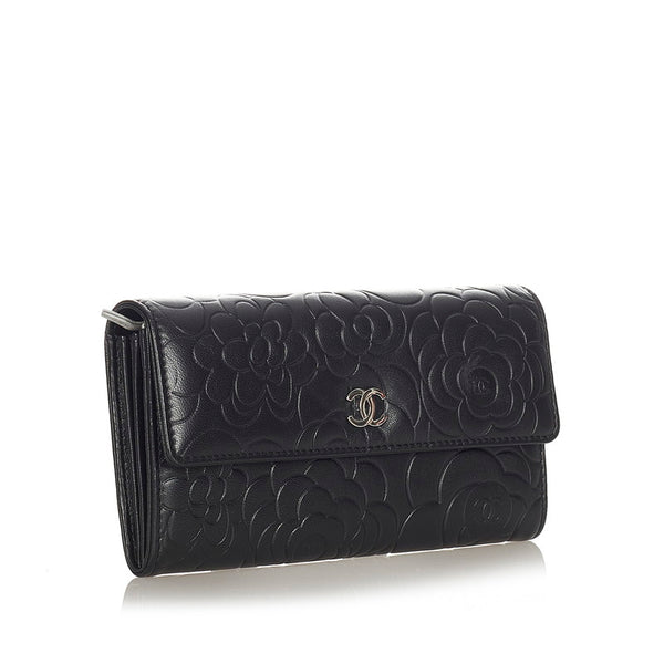 シャネル カメリア ブラック レザー 長財布 レディース CHANEL 【中古】