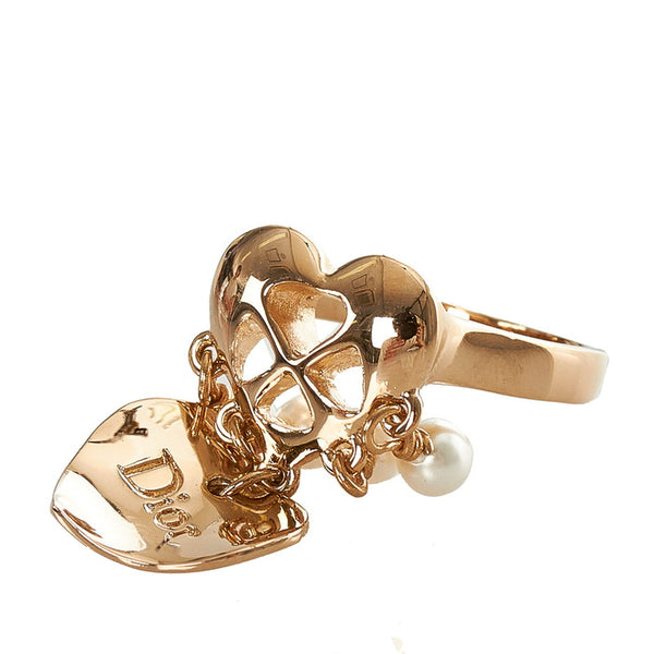 クリスチャンディオール ゴールド ホワイト メッキ フェイクパール ハート ロゴデザイン リング 指輪 レディース Christian Dior 14号 【中古】