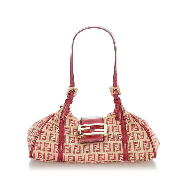 フェンディ ズッカ 8BR437 ベージュ レッド キャンバス レザー ハンドバッグ レディース FENDI 【中古】