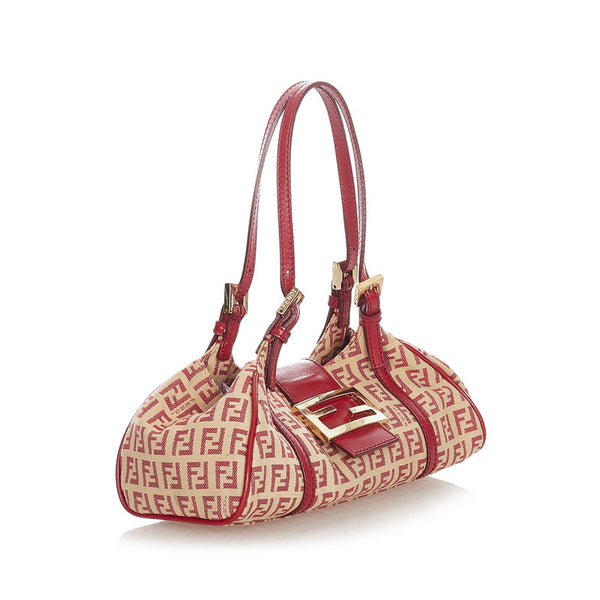 フェンディ ズッカ 8BR437 ベージュ レッド キャンバス レザー ハンドバッグ レディース FENDI 【中古】