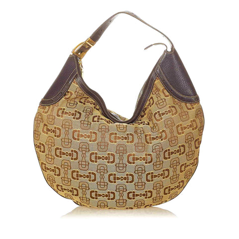 グッチ ホースビット 145764 ベージュ ブラウン キャンバス レザー ショルダーバッグ レディース GUCCI 【中古】