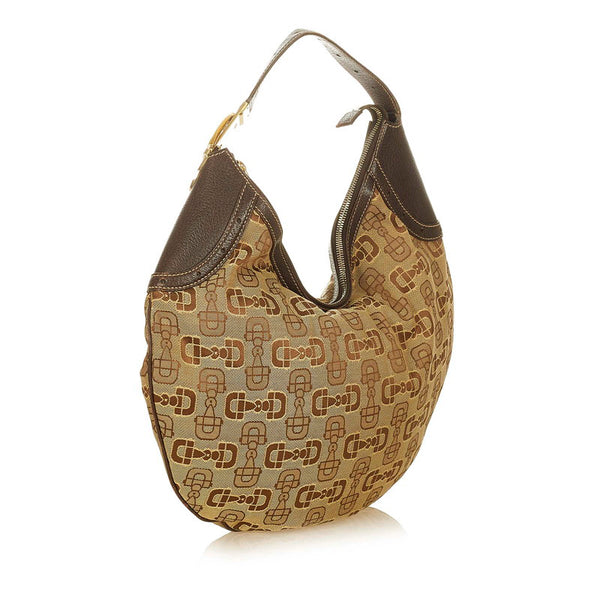 グッチ ホースビット 145764 ベージュ ブラウン キャンバス レザー ショルダーバッグ レディース GUCCI 【中古】